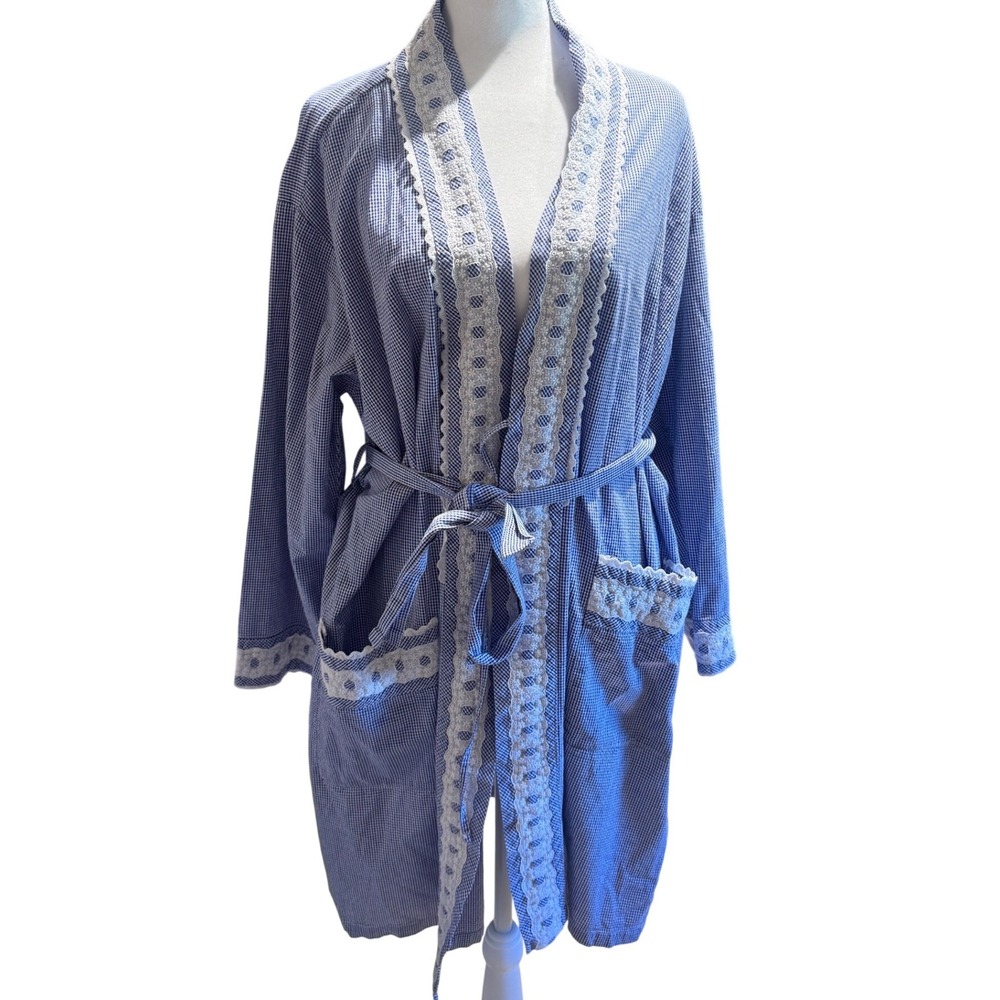 Eileen West Blue Gingham Cotton Robe Lace Trim Tie Waist Small
